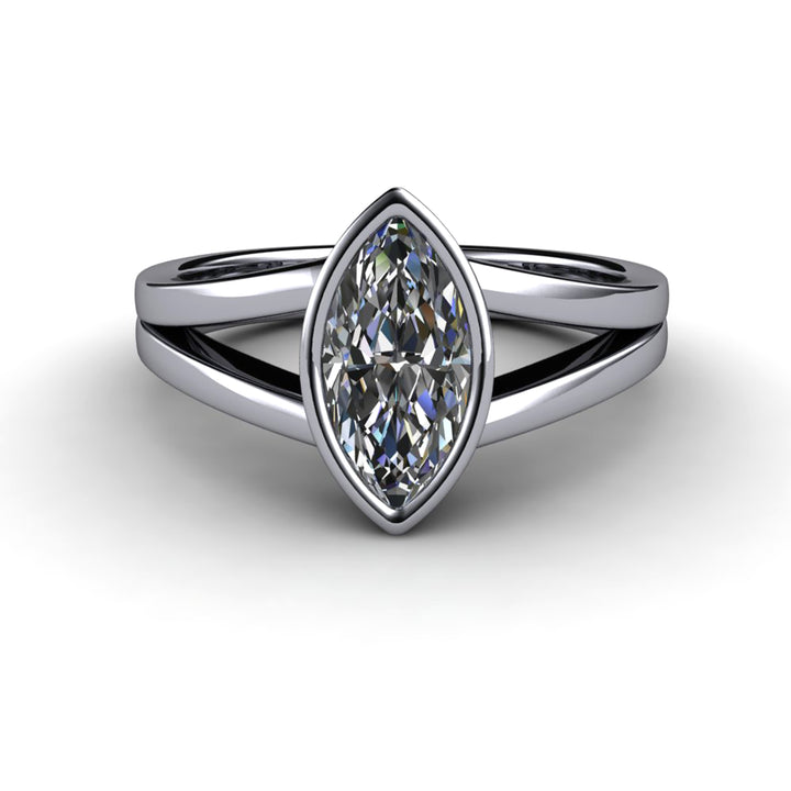 Marquise Cut Moissanite Engagement Ring | Bezel Set Split Shank Solitaire, Rare Earth Jewelry