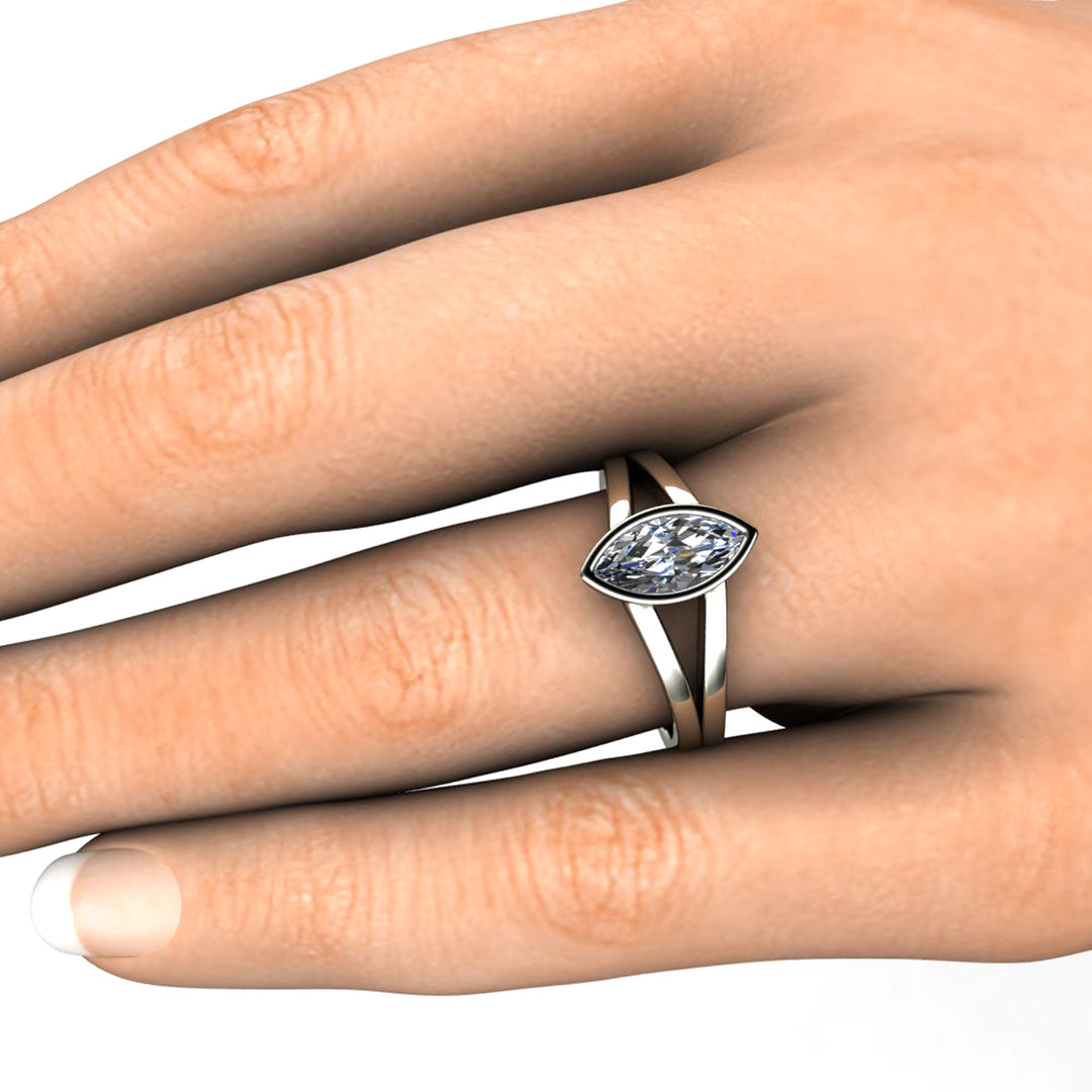 Marquise Cut Moissanite Engagement Ring | Bezel Set Split Shank Solitaire, Rare Earth Jewelry