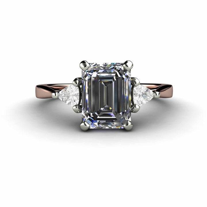 Gray Moissanite Engagement Ring Emerald Cut 3 Stone with Trillions, Rare Earth Jewelry
