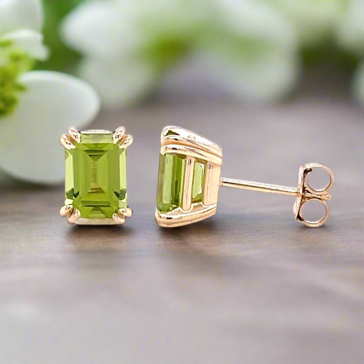 14K Gold Peridot Stud Earrings | Emerald Cut Peridot with Double Prongs | August Birthstone, Rare Earth Jewelry