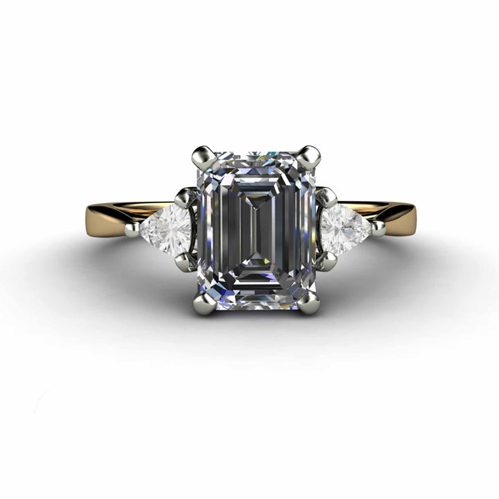 Gray Moissanite Engagement Ring Emerald Cut 3 Stone with Trillions, Rare Earth Jewelry