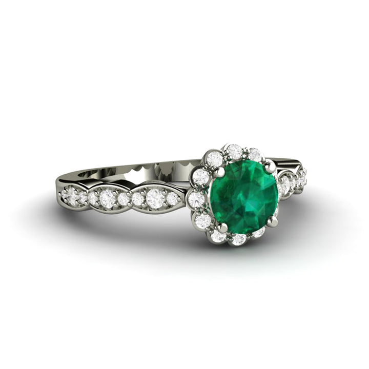 Vintage Inspired Emerald Engagement Ring Diamond Halo and Dainty Scalloped Band, Rare Earth Jewelry