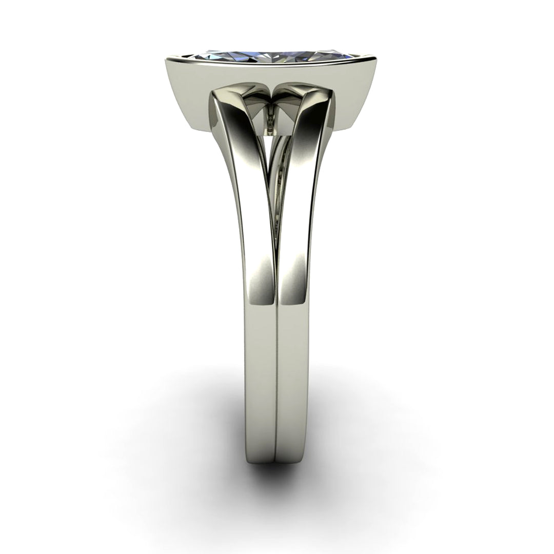 Marquise Cut Moissanite Engagement Ring | Bezel Set Split Shank Solitaire, Rare Earth Jewelry