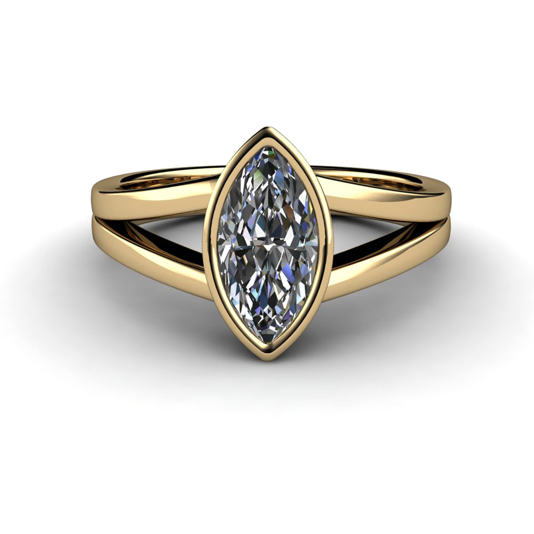 Marquise Cut Moissanite Engagement Ring | Bezel Set Split Shank Solitaire, Rare Earth Jewelry