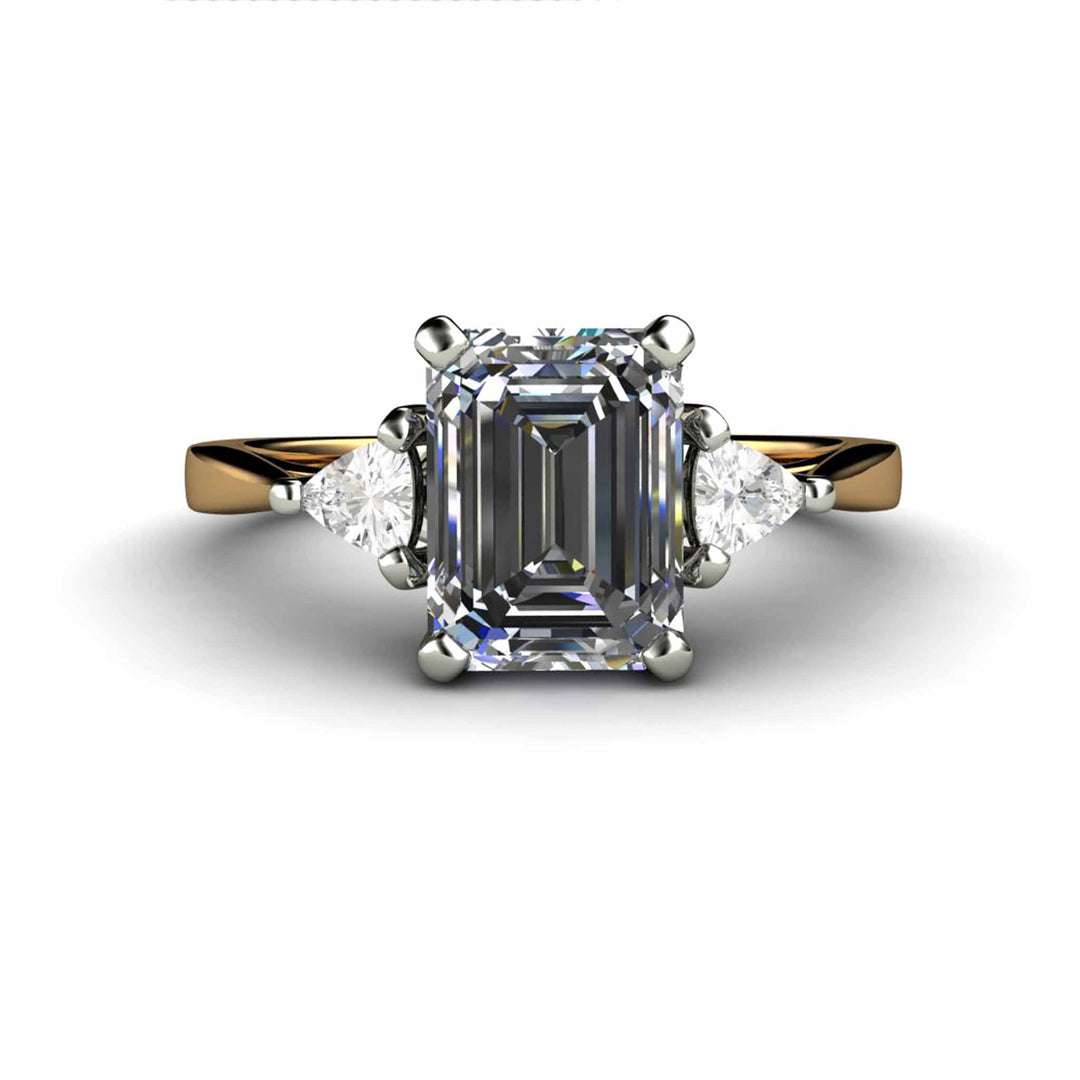 Gray Moissanite Engagement Ring Emerald Cut 3 Stone with Trillions, Rare Earth Jewelry