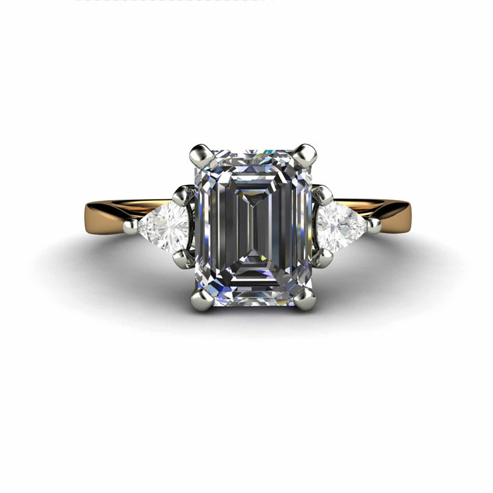 Gray Moissanite Engagement Ring Emerald Cut 3 Stone with Trillions, Rare Earth Jewelry