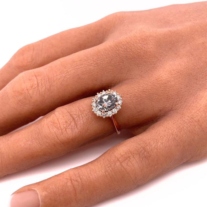 Gray Moissanite Oval Engagement Ring Vintage Inspired Halo Design, Rare Earth Jewelry