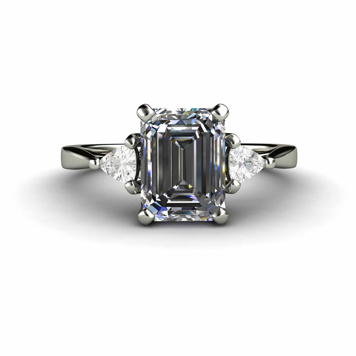Gray Moissanite Engagement Ring Emerald Cut 3 Stone with Trillions, Rare Earth Jewelry