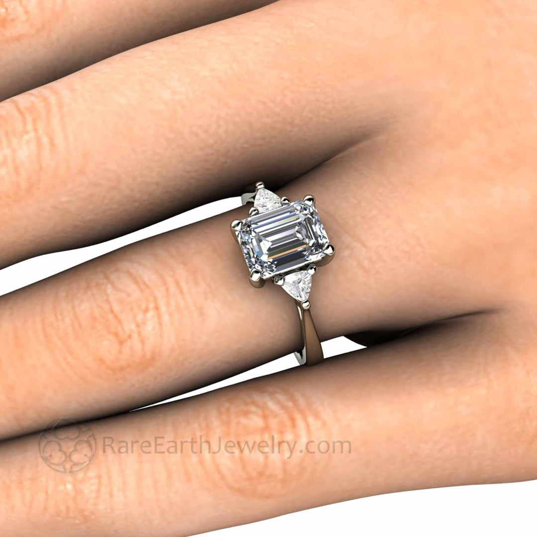 Gray Moissanite Engagement Ring Emerald Cut 3 Stone with Trillions, Rare Earth Jewelry
