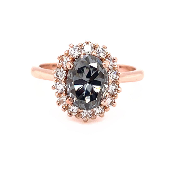 Gray Moissanite Oval Engagement Ring Vintage Inspired Halo Design, Rare Earth Jewelry