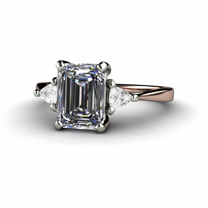 Gray Moissanite Engagement Ring Emerald Cut 3 Stone with Trillions, Rare Earth Jewelry