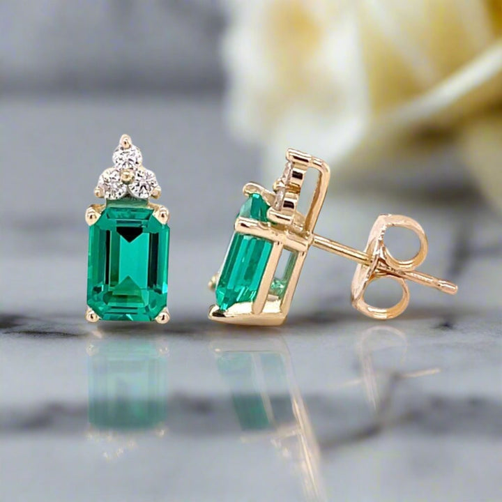 14K Gold Emerald Earrings with Diamonds | Emerald Cut Studs May Birthstone, Rare Earth Jewelry