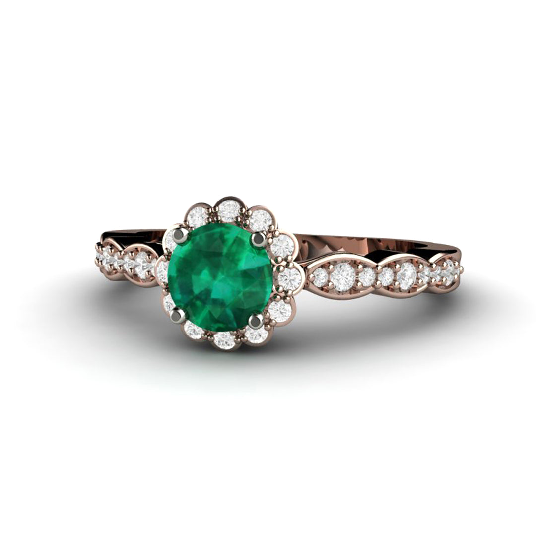 Vintage Inspired Emerald Engagement Ring Diamond Halo and Dainty Scalloped Band, Rare Earth Jewelry