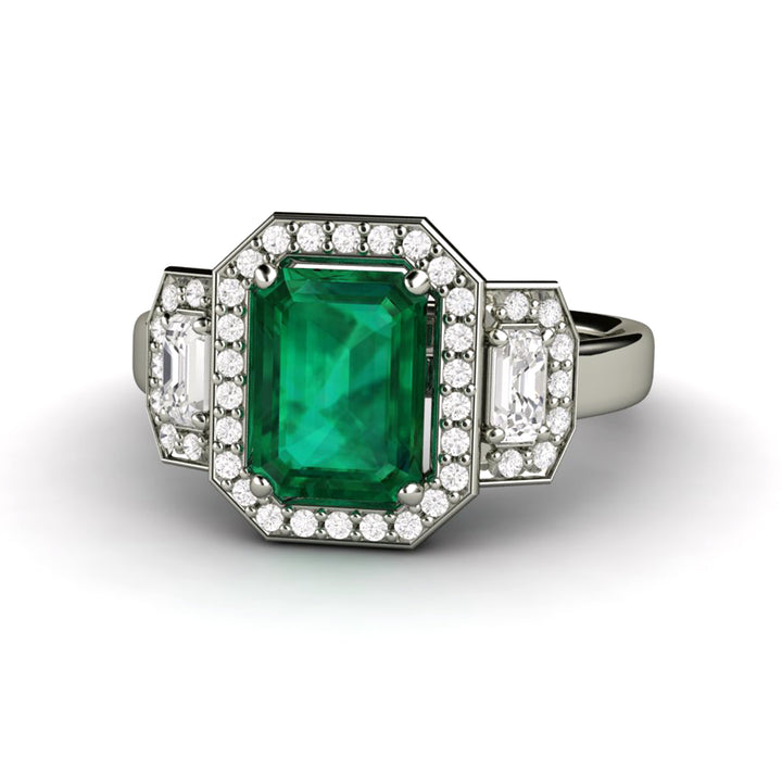 Large Emerald Engagement Ring 3 Stone with Lab Created Diamond Halo, Rare Earth Jewelry