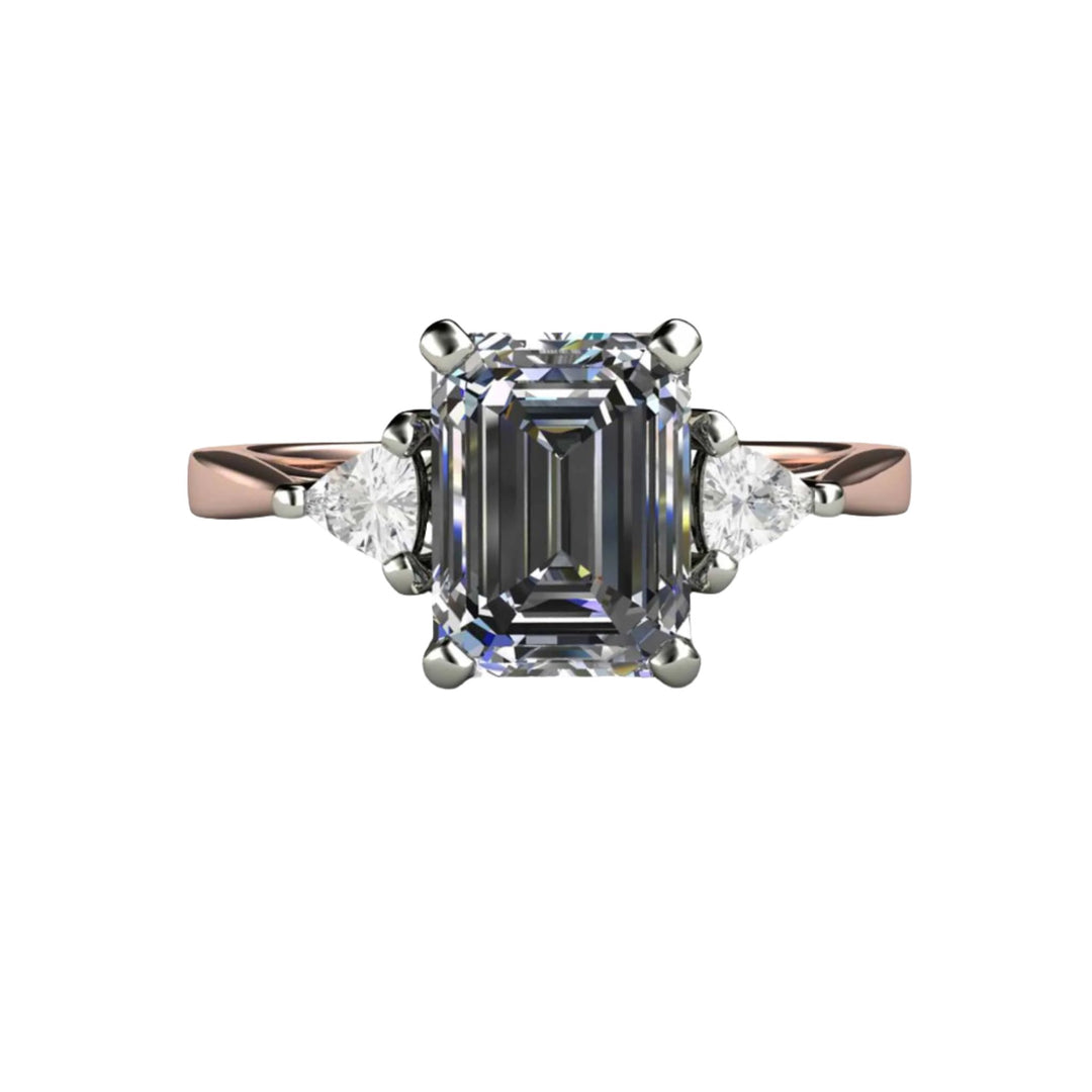 Gray Moissanite Engagement Ring Emerald Cut 3 Stone with Trillions, Rare Earth Jewelry
