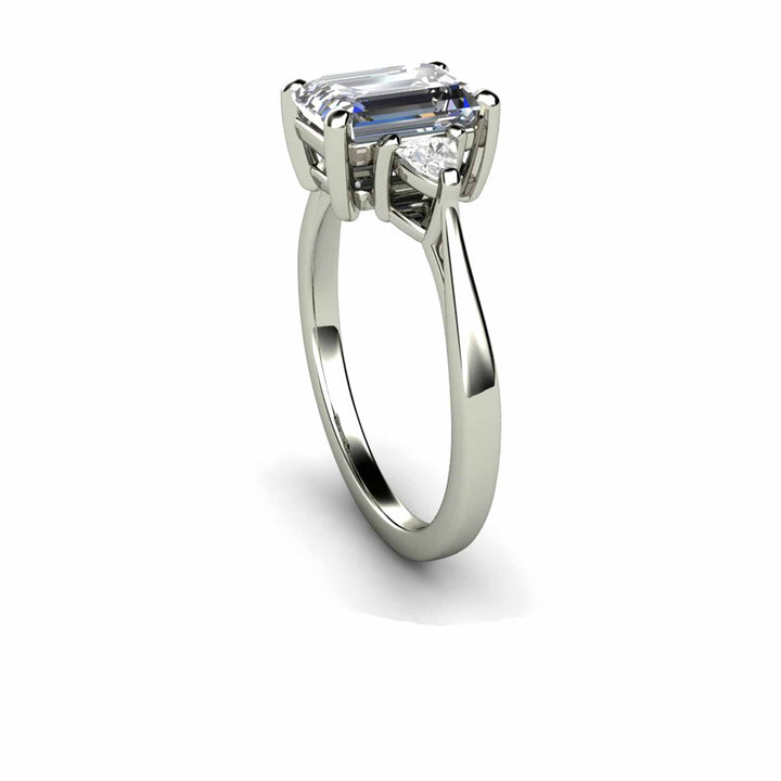 Gray Moissanite Engagement Ring Emerald Cut 3 Stone with Trillions, Rare Earth Jewelry