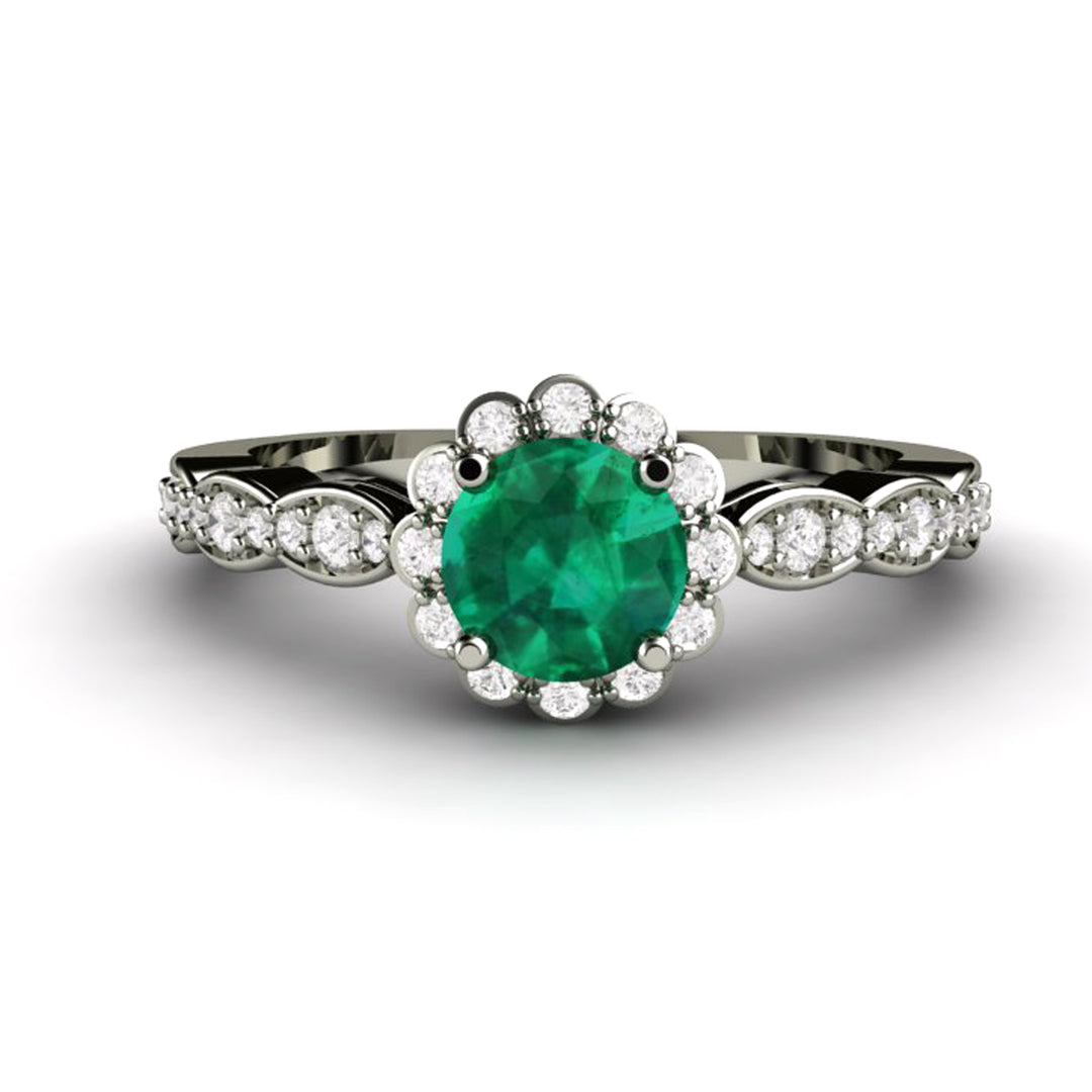 Vintage Inspired Emerald Engagement Ring Diamond Halo and Dainty Scalloped Band, Rare Earth Jewelry