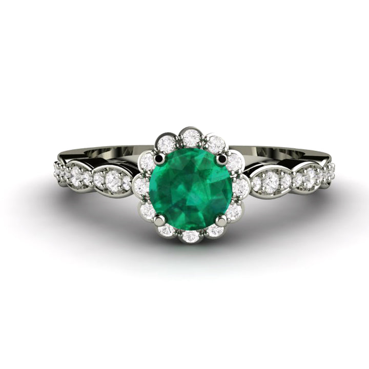 Vintage Inspired Emerald Engagement Ring Diamond Halo and Dainty Scalloped Band, Rare Earth Jewelry