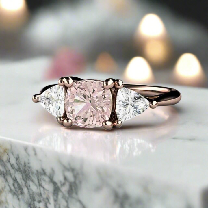 Light Pink Sapphire Engagement Ring | Cushion Cut with White Sapphire Accents, Rare Earth Jewelry