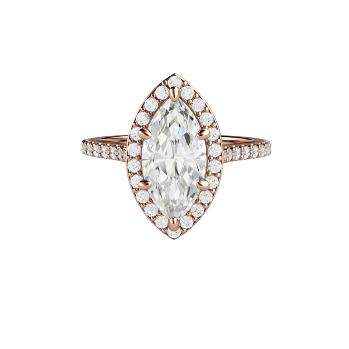 Marquise cut diamond halo engagement ring with 1.5ct certified lab grown diamond and pave set diamond accents in 14K Rose Gold | Rare Earth Jewelry