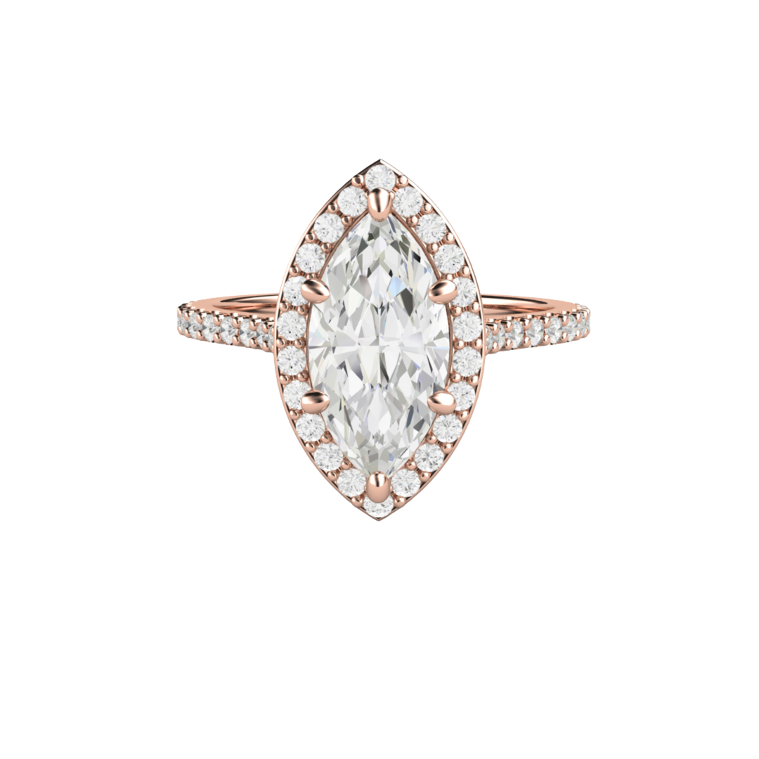 Marquise cut lab grown diamond halo engagement ring with pave set diamonds in 18K rose gold | Ethical and eco-friendly engagement rings  | Rare Earth Jewelry