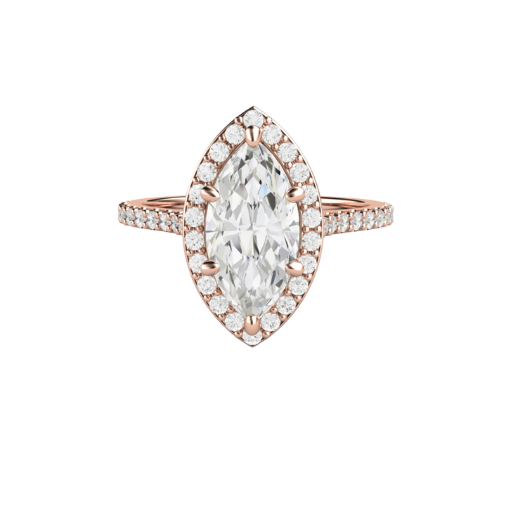 Marquise cut lab grown diamond halo engagement ring with pave set diamonds in 18K rose gold | Ethical and eco-friendly engagement rings  | Rare Earth Jewelry