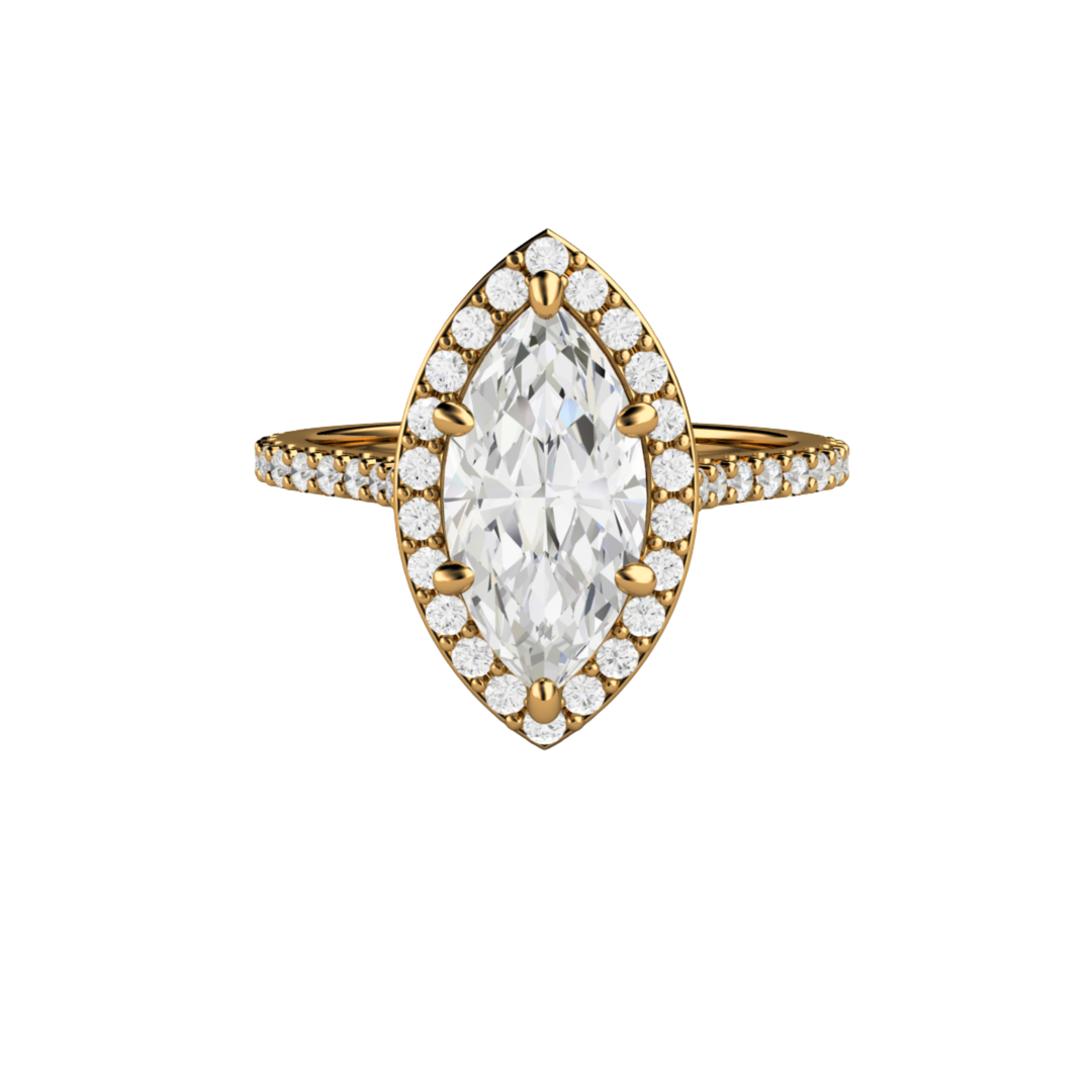18K yellow gold lab grown diamond halo engagement ring with 1.5ct marquise cut certified diamond | Rare Earth Jewelry
