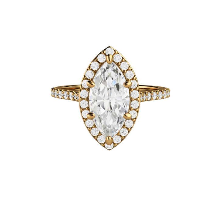 18K yellow gold lab grown diamond halo engagement ring with 1.5ct marquise cut certified diamond | Rare Earth Jewelry