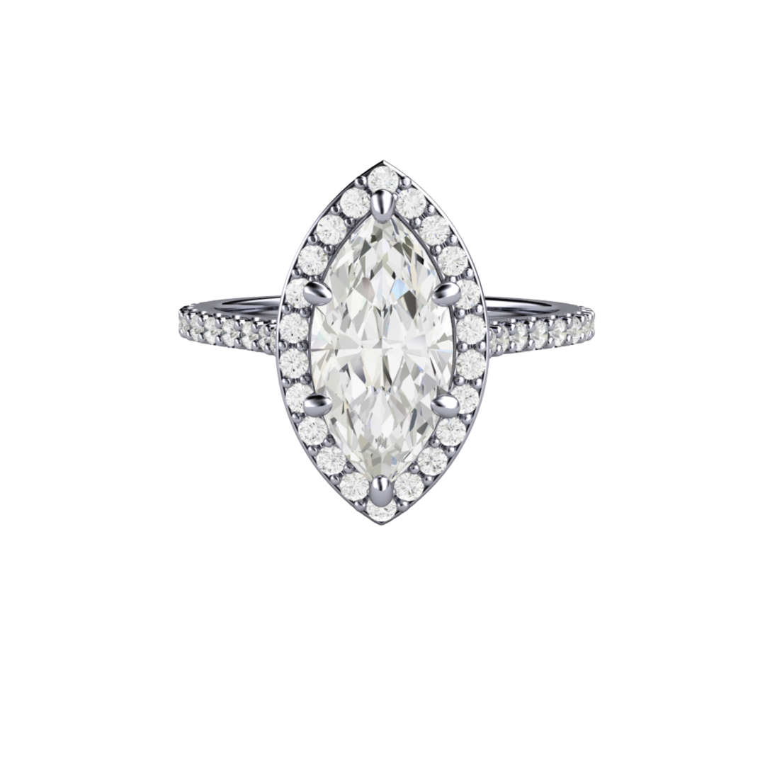 Marquise cut lab grown diamond engagement ring with pave set diamond halo and hidden diamonds in the gallery in Platinum | Ethical Diamond Alternative Engagement Rings | Rare Earth Jewelry