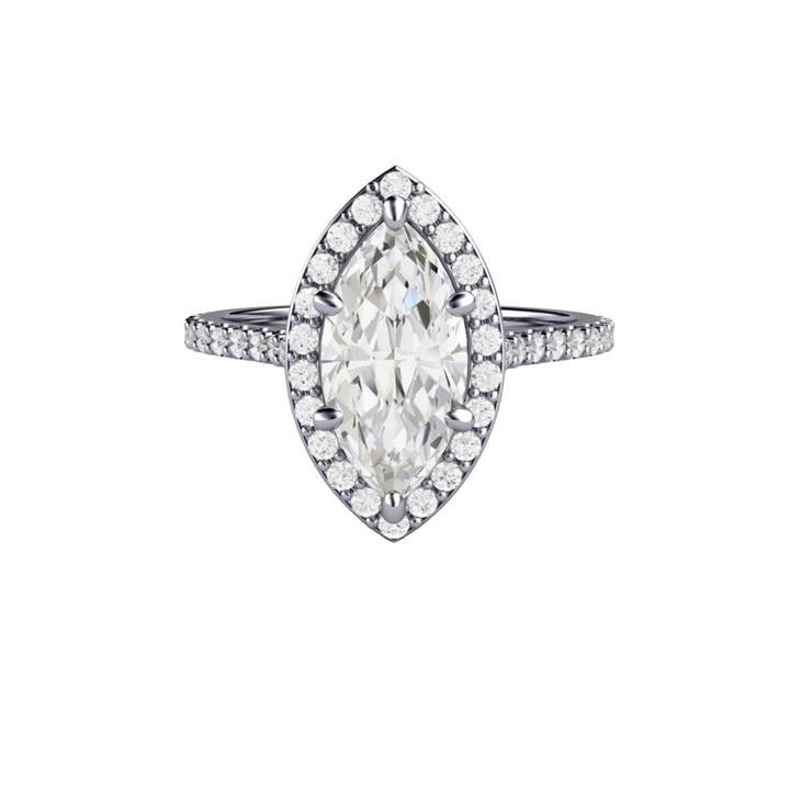 Marquise cut lab grown diamond engagement ring with pave set diamond halo and hidden diamonds in the gallery in Platinum | Ethical Diamond Alternative Engagement Rings | Rare Earth Jewelry