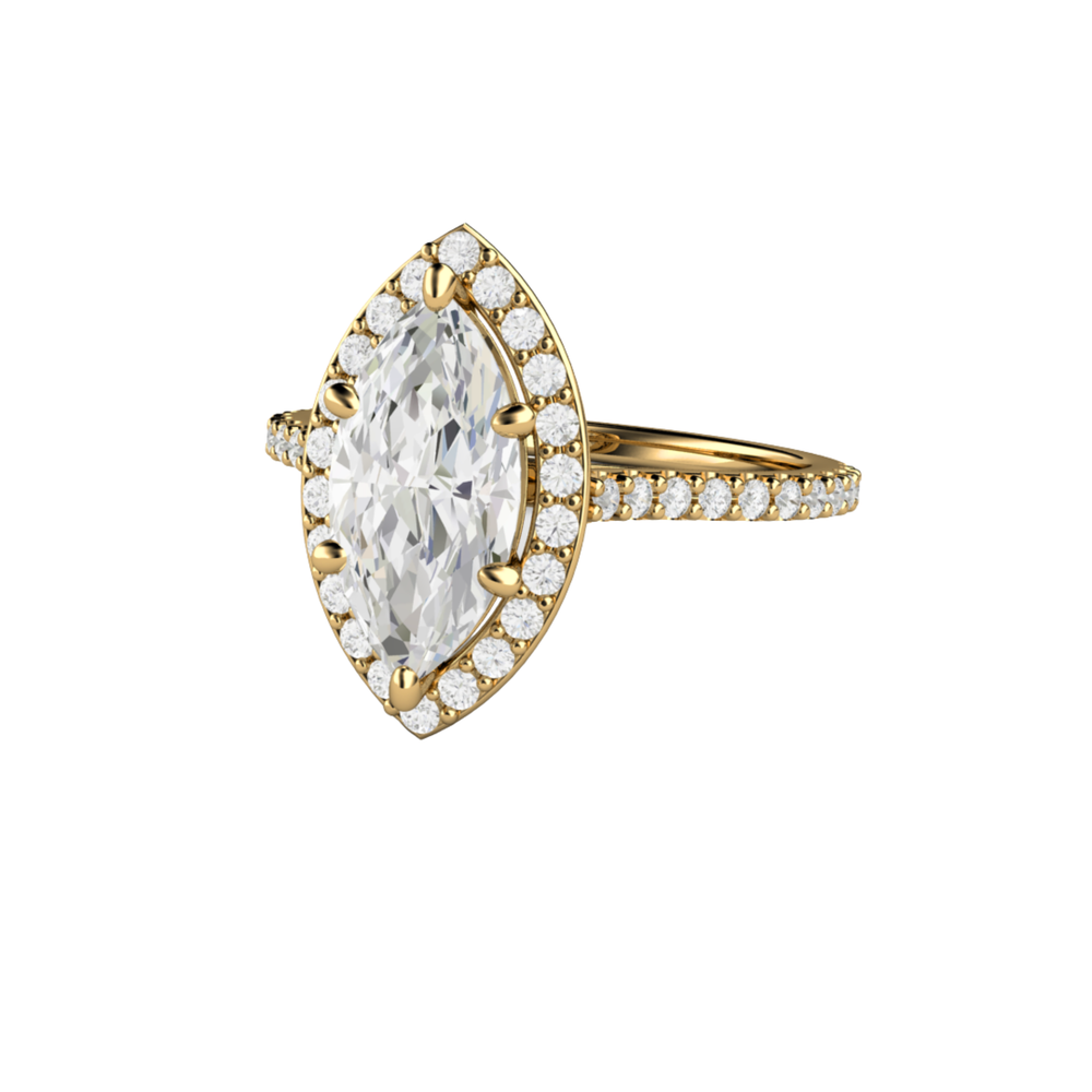 1.5 Carat Marquise cut lab grown diamond engagement ring with pave set diamond halo and dainty, thin band in 14K yellow gold | Certified lab grown diamond engagement ring | Rare Earth Jewelry