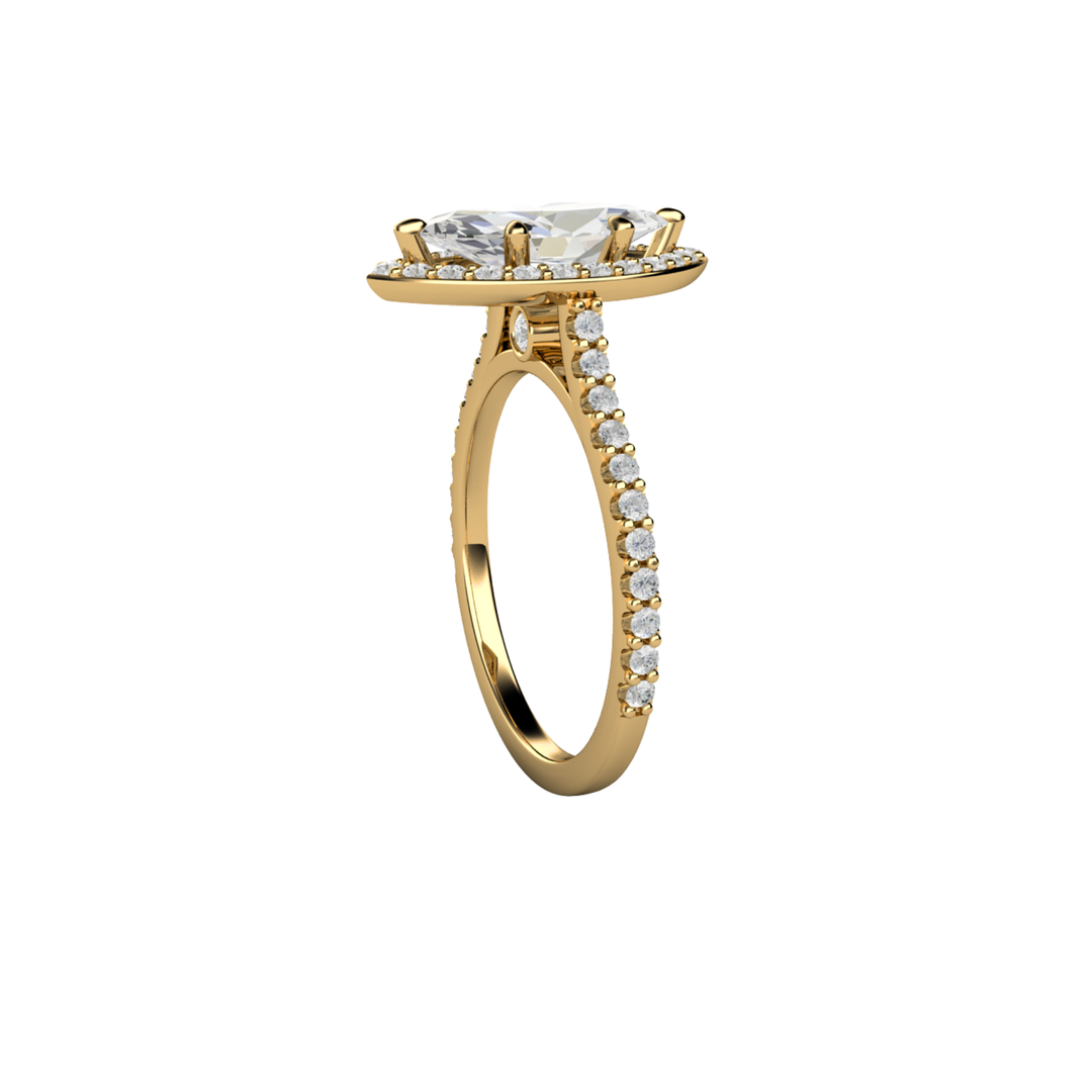Side view of marquise cut lab grown diamond halo engagement ring with 6 prong cathedral setting, showing  pave set diamond accents and  hidden diamonds in the gallery | Rare Earth Jewelry