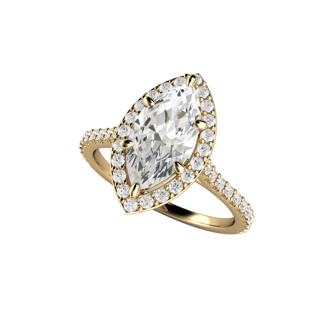 Top view of marquise cut diamond halo engagement ring with 1.5ct certified lab grown diamond | Rare Earth Jewelry