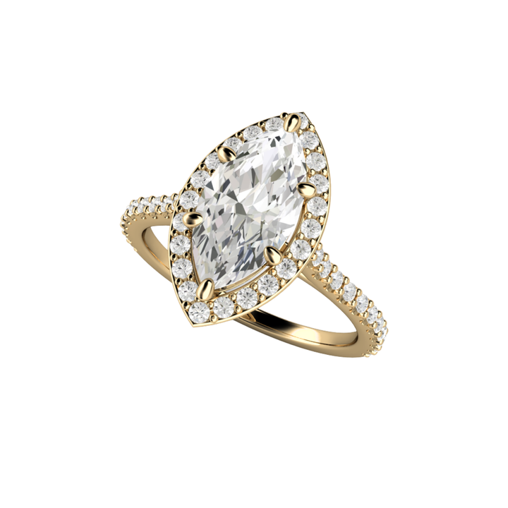 Top view of marquise cut diamond halo engagement ring with 1.5ct certified lab grown diamond | Rare Earth Jewelry