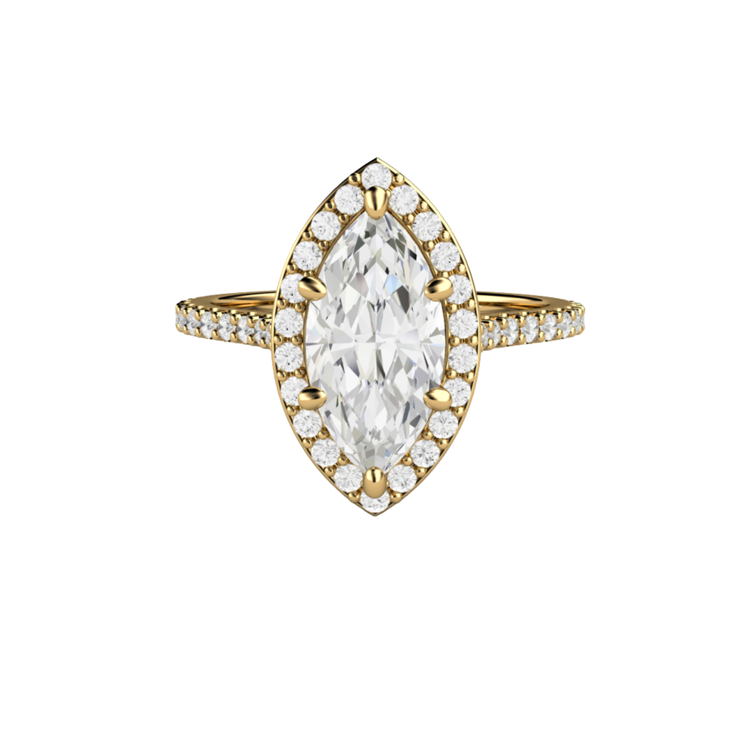 Marquise cut lab grown diamond engagement ring with pave set diamond halo and hidden diamonds in the gallery in 14K yellow gold | Certified 1.5 carat lab grown diamond engagement ring | Rare Earth Jewelry