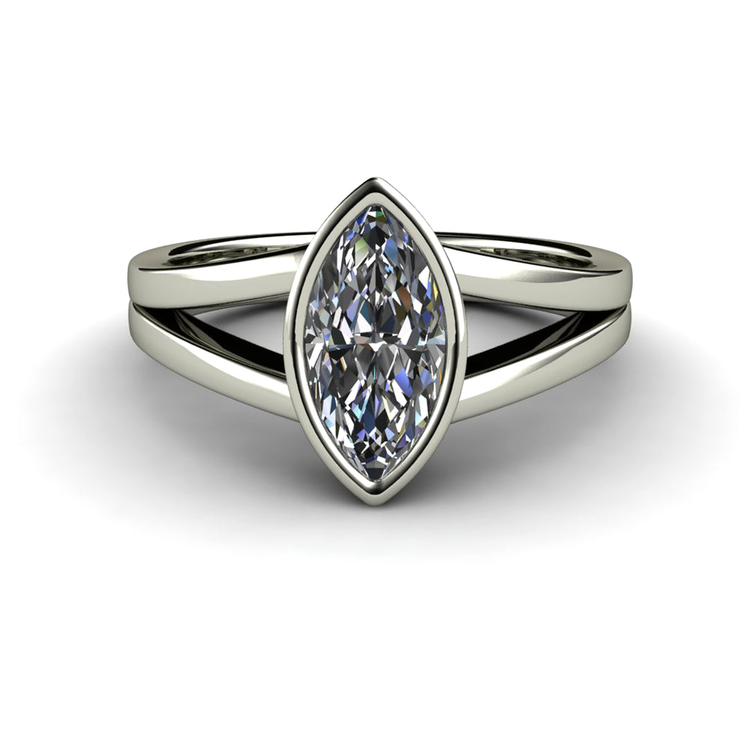 Marquise Cut Moissanite Engagement Ring | Bezel Set Split Shank Solitaire, Rare Earth Jewelry