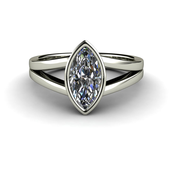 Marquise Cut Moissanite Engagement Ring | Bezel Set Split Shank Solitaire, Rare Earth Jewelry