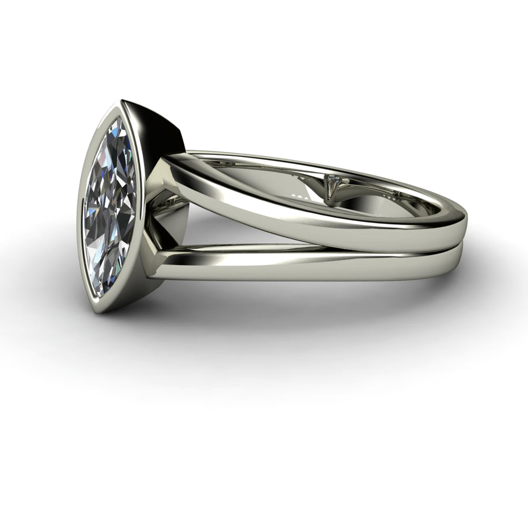 Marquise Cut Moissanite Engagement Ring | Bezel Set Split Shank Solitaire, Rare Earth Jewelry