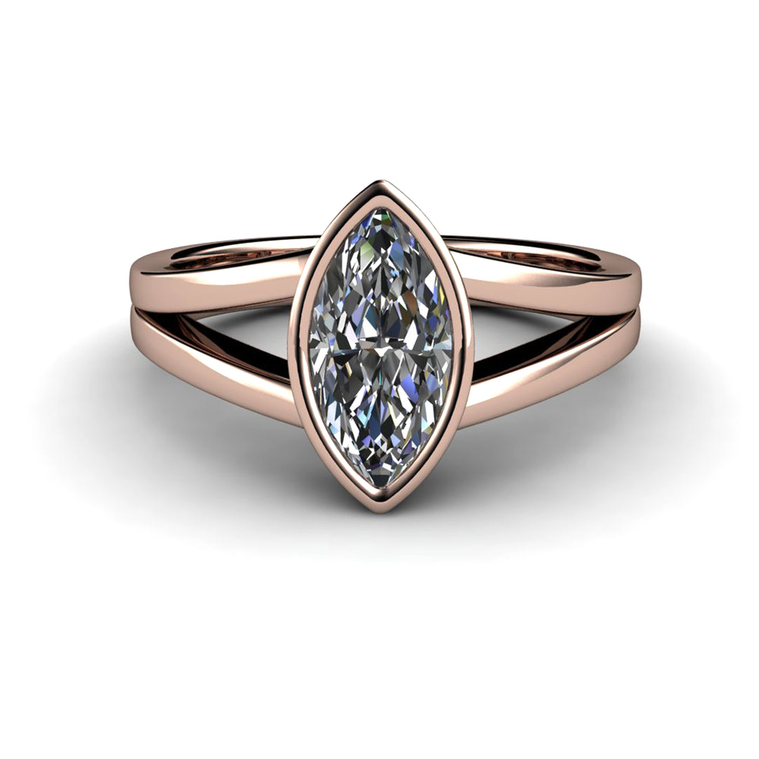 Marquise Cut Moissanite Engagement Ring | Bezel Set Split Shank Solitaire, Rare Earth Jewelry