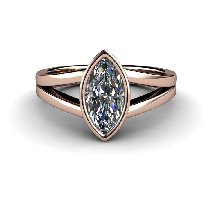 Marquise Cut Moissanite Engagement Ring | Bezel Set Split Shank Solitaire, Rare Earth Jewelry