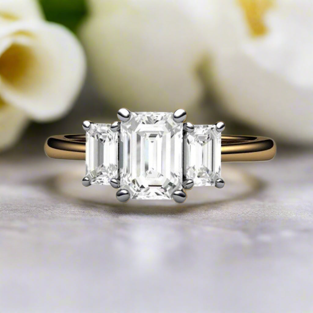 Natural White Sapphire Engagement Ring, Emerald Cut, 3 Stone Style in Gold and Platinum | Rare Earth Jewelry