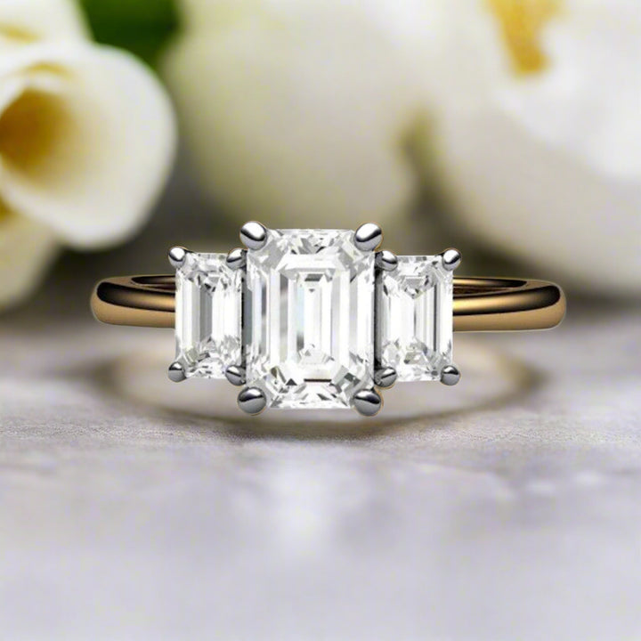 Natural White Sapphire Engagement Ring, Emerald Cut, 3 Stone Style in Gold and Platinum | Rare Earth Jewelry