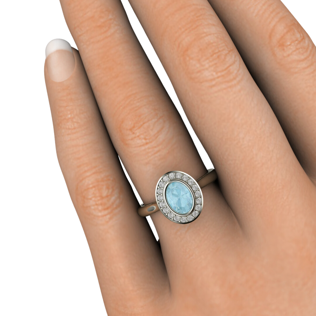 Oval Aquamarine Engagement Ring | Bezel Set with Diamond Halo in Gold or Platinum, Rare Earth Jewelry