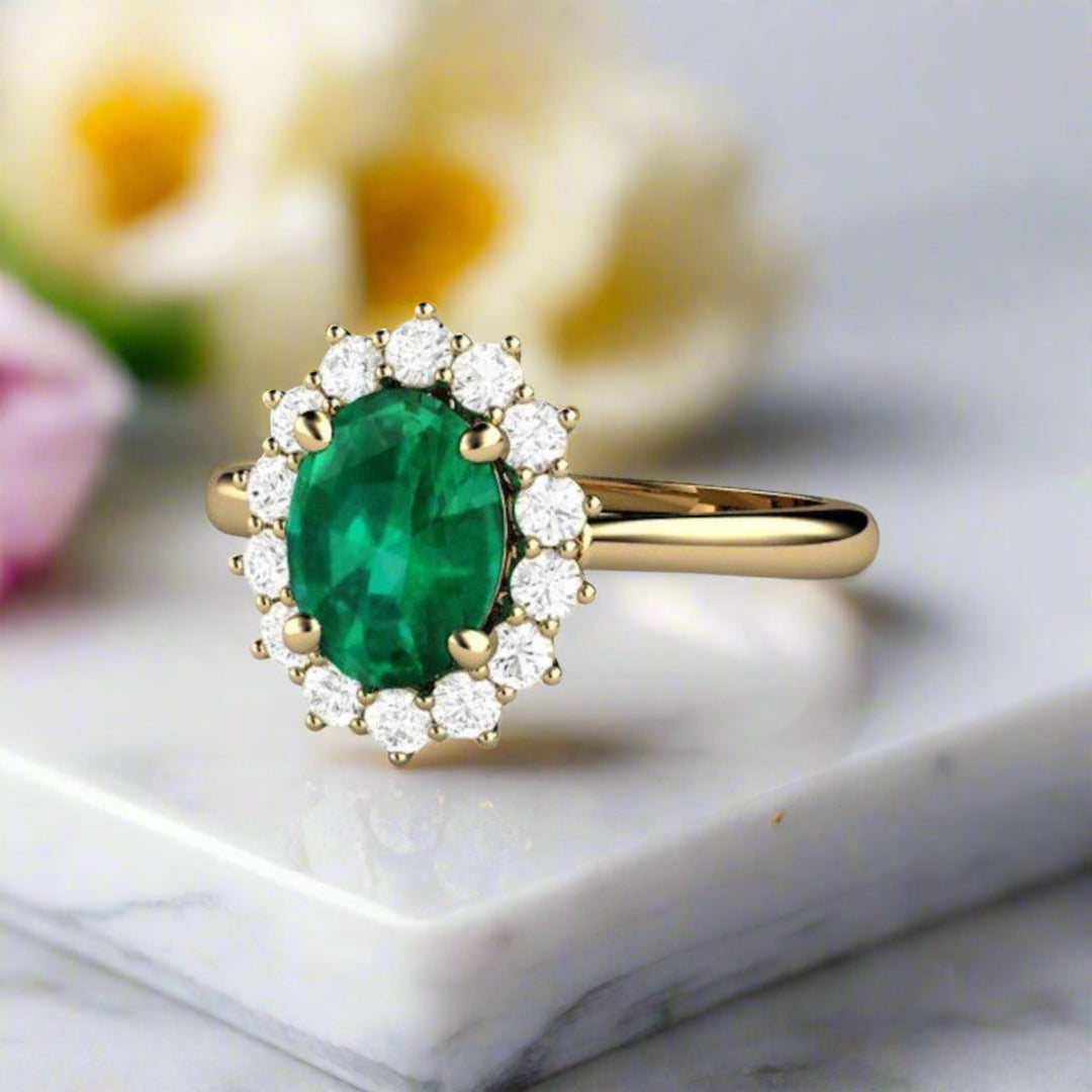 Oval Emerald Engagement Ring, Vintage Style Diamond Halo with Lab Grown Emerald | Rare Earth Jewelry