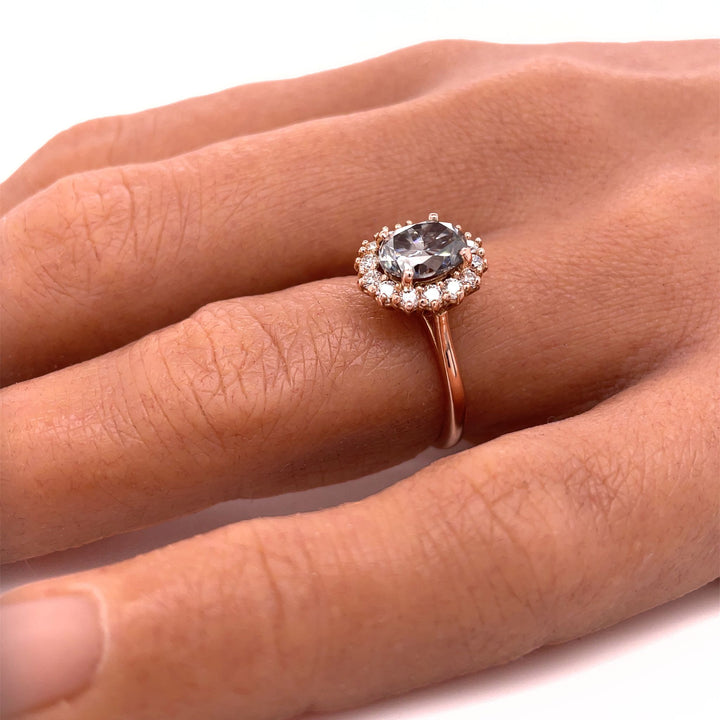 Gray Moissanite Oval Engagement Ring Vintage Inspired Halo Design, Rare Earth Jewelry