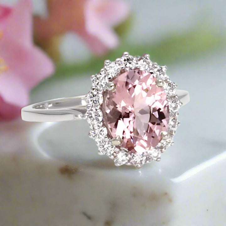 Oval Morganite Engagement Ring, Vintage Style Halo with Diamond Accents, Natural Pink Morganite Ring | Rare Earth Jewelry