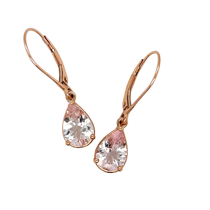 Pear Cut Morganite Dangle Earrings, Natural Pink Gemstones in 14K Rose Gold Leverback Settings, Bridal Jewelry | Rare Earth Jewelry