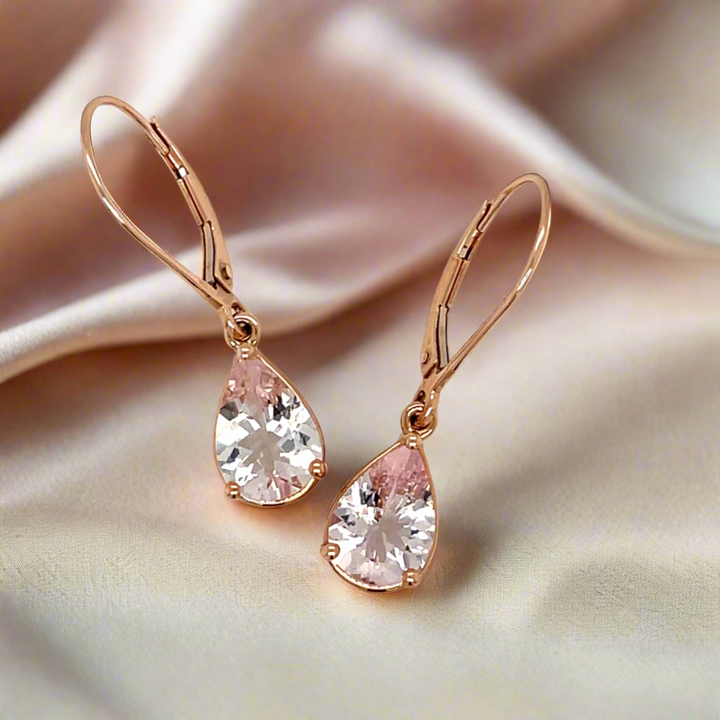 Pear cut Morganite dangle earrings, 14K Rose Gold Morganite Earrings, Bridal Earrings, Romantic Pink Stone Earrings for a Bride | Rare Earth Jewelry