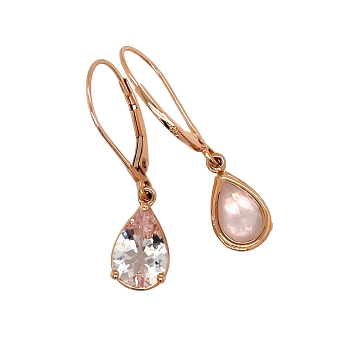 View of the front and back of the 14K Rose Gold Pear Cut Morganite Dangle Earrings | Rare Earth Jewelry