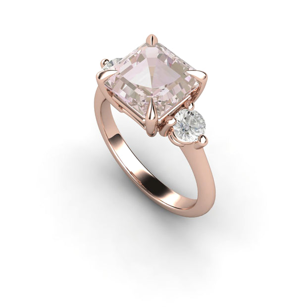 Large Asscher Cut Pink Morganite Engagement Ring 3 Carats Three Stone Style Design in Rose Gold from Rare Earth Jewelry